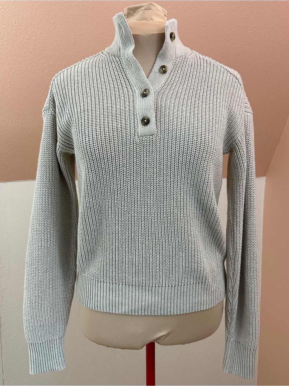 PACT Women’s Luxe Knit Henley Sweater Size S 100% Organic Cotton Beige